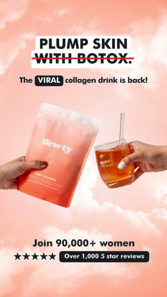 A vertical 9:16 ad featuring a collagen supplement pouch and drink glass against a soft pink sky background, highlighting a bold claim with a strike-through effect.